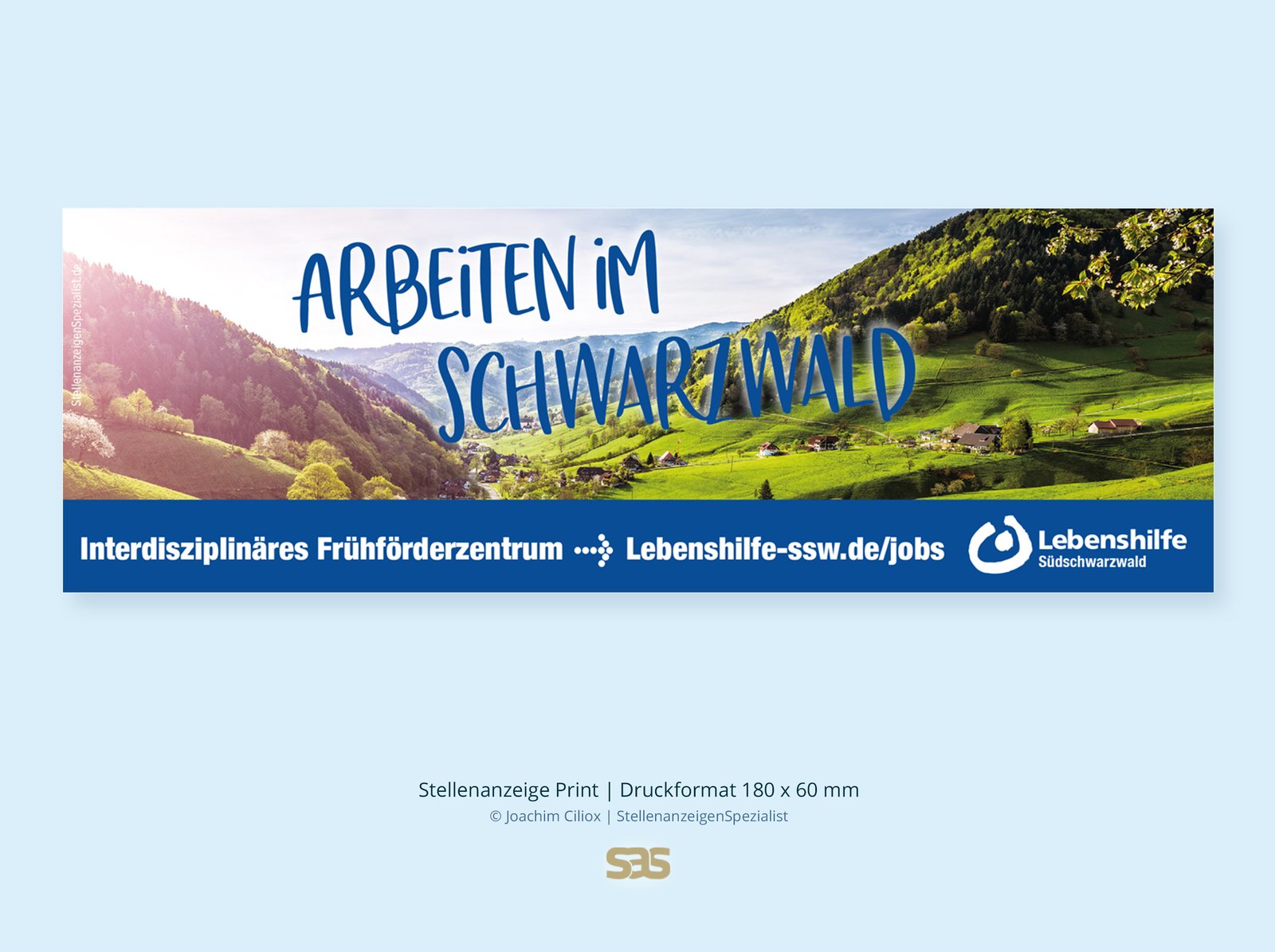 Gestaltungsbeispiel Print-Stellenanzeige: Arbeiten im Schwarzwald für die Lebenshilfe Südschwarzwald, Druckformat 180 × 60 mm