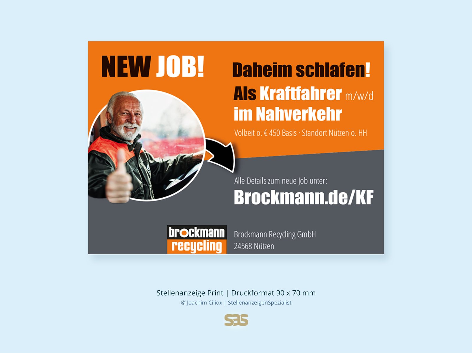 Gestaltungsbeispiel Print-Stellenanzeige: Kraftfahrer im Nahverkehr (m/w/d) für Brockmann Recycling, Druckformat 90 × 70 mm