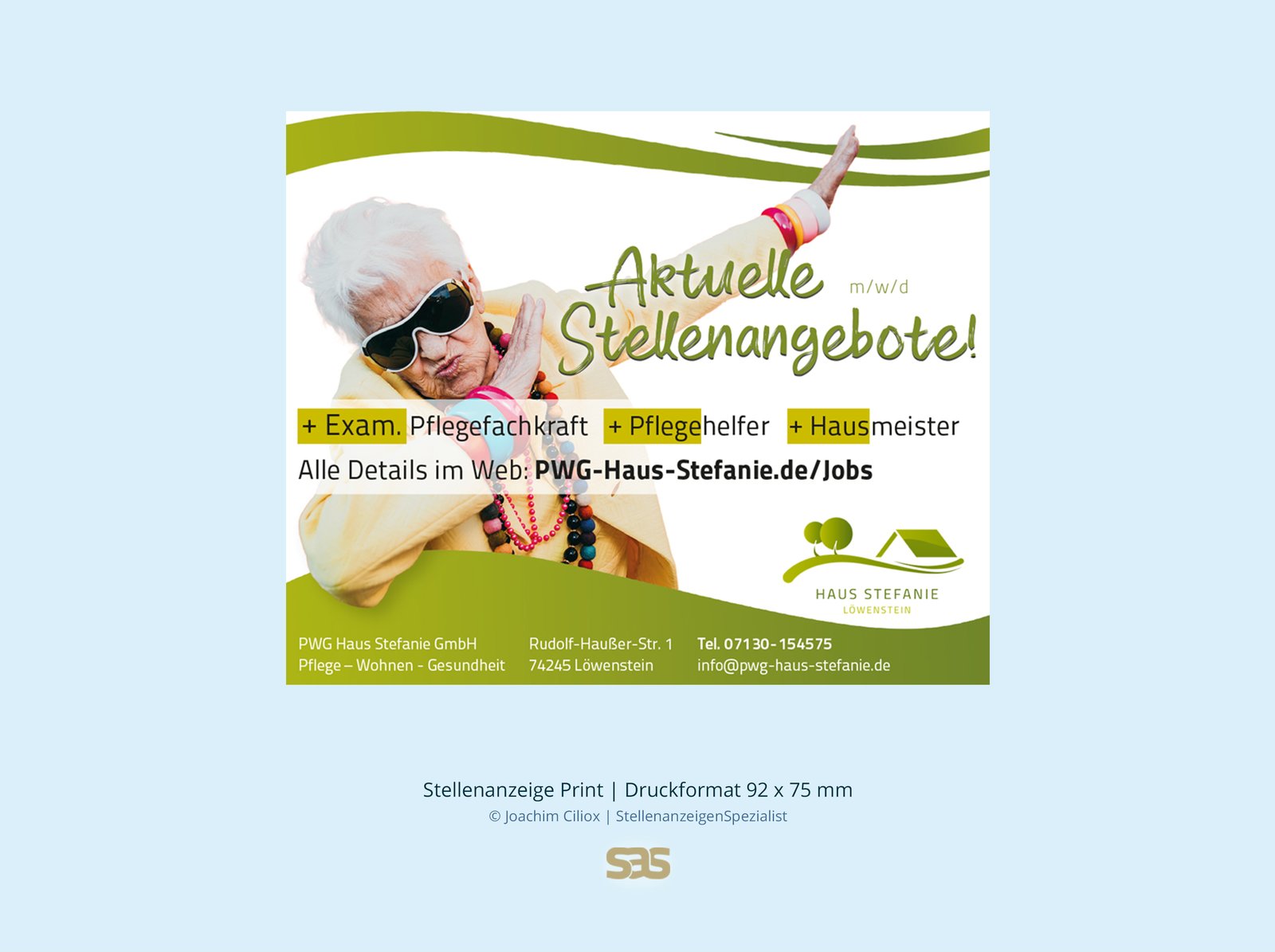 Gestaltungsbeispiel Print-Stellenanzeige: Pflegefachkraft, Pflegehelfer und Hausmeister (m/w/d) für Haus Stefanie, Druckformat 92 × 75 mm