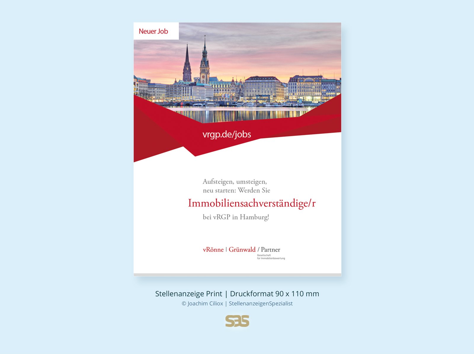 Gestaltungsbeispiel Print-Stellenanzeige: Immobiliensachverständige (m/w/d) für vRGP in Hamburg, Druckformat 90 × 110 mm